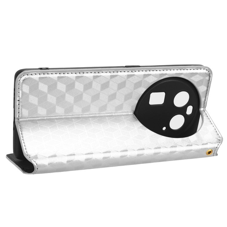 Wallet Case for Oppo Find X6 Imprinted Rhombus Pattern PU Leather+TPU Stand Phone Cover - Silver