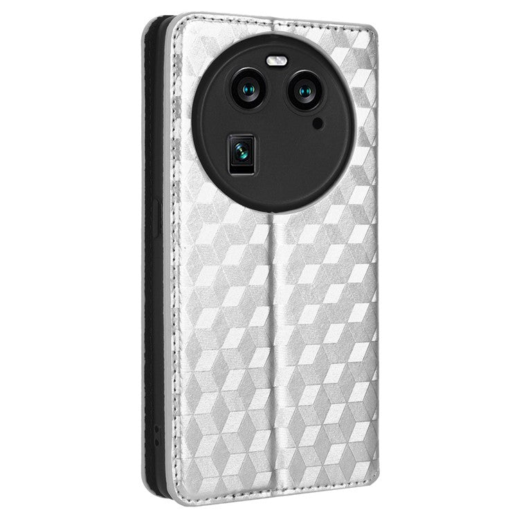 Wallet Case for Oppo Find X6 Imprinted Rhombus Pattern PU Leather+TPU Stand Phone Cover - Silver