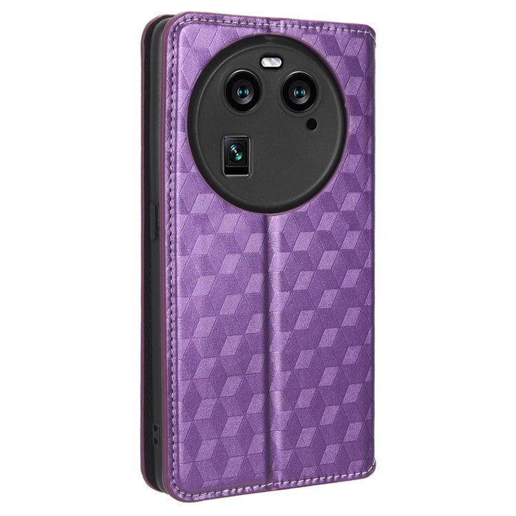 Wallet Case for Oppo Find X6 Imprinted Rhombus Pattern PU Leather+TPU Stand Phone Cover - Purple