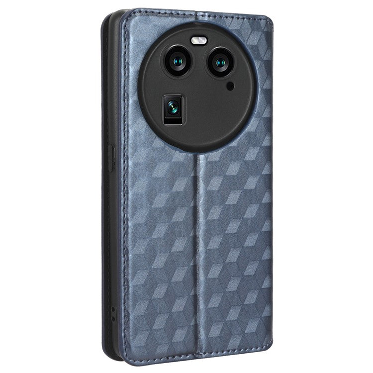 Wallet Case for Oppo Find X6 Imprinted Rhombus Pattern PU Leather+TPU Stand Phone Cover - Blue