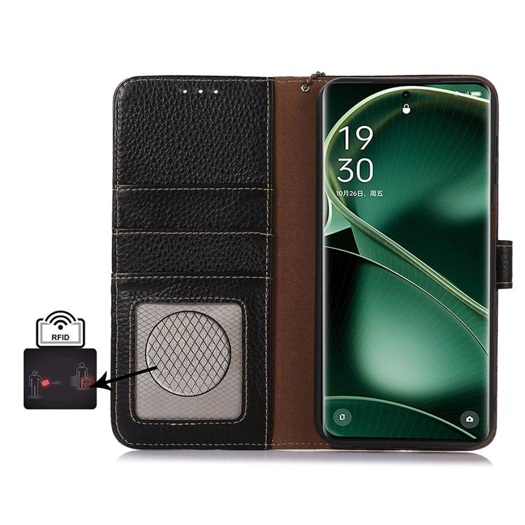 Litchi Texture Cover for Oppo Find X6 , RFID Blocking Phone Wallet Case Genuine Cow Leather Stand Shell - Black