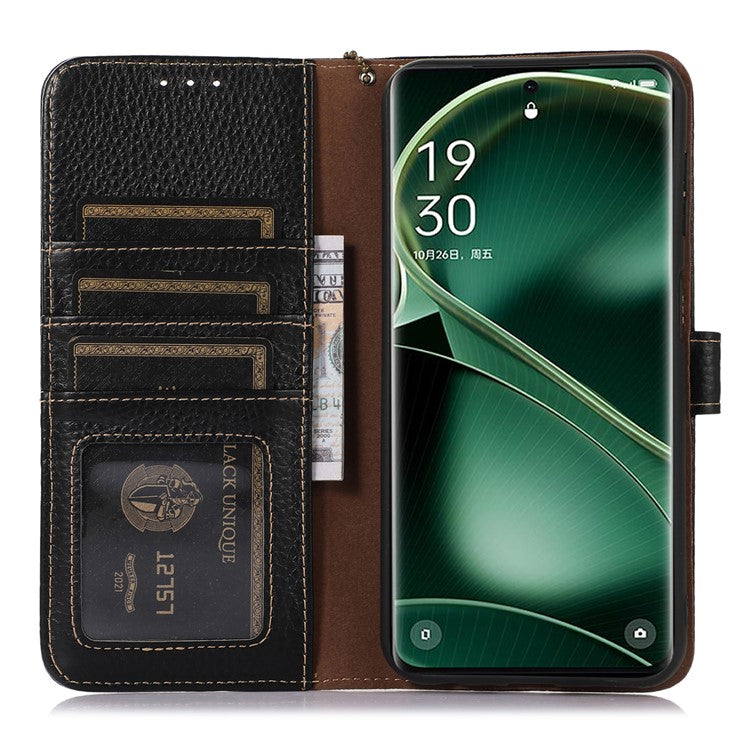 Litchi Texture Cover for Oppo Find X6 , RFID Blocking Phone Wallet Case Genuine Cow Leather Stand Shell - Black
