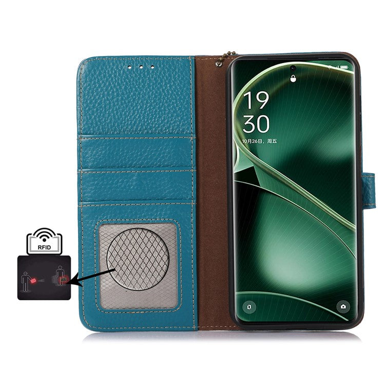 Litchi Texture Cover for Oppo Find X6 , RFID Blocking Phone Wallet Case Genuine Cow Leather Stand Shell - Blue