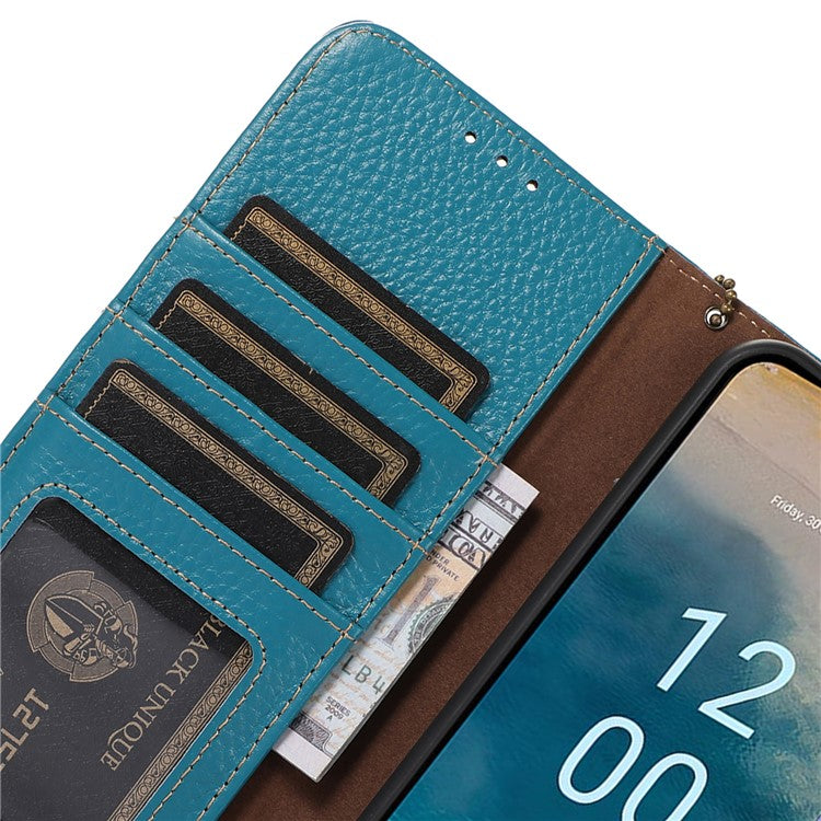 Litchi Texture Cover for Oppo Find X6 , RFID Blocking Phone Wallet Case Genuine Cow Leather Stand Shell - Blue