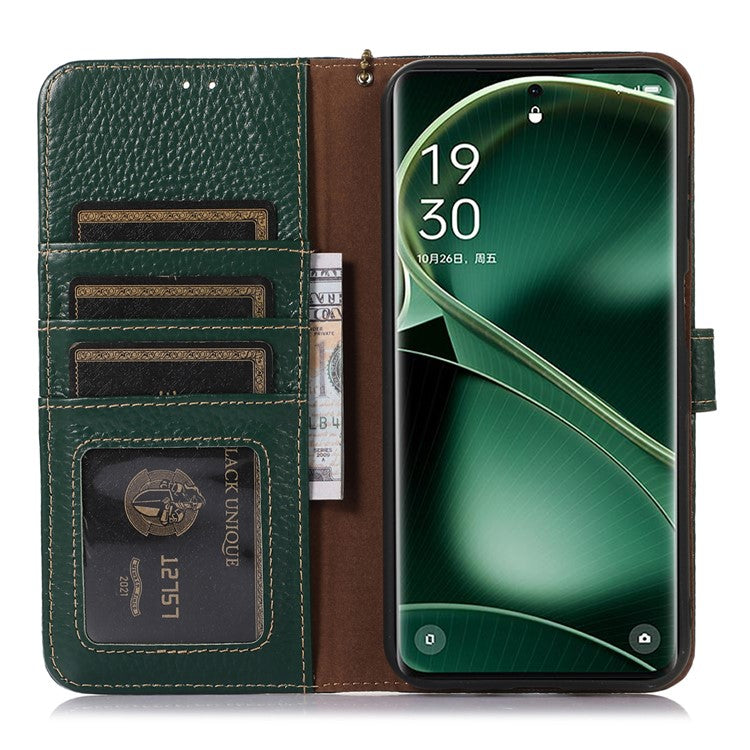 Litchi Texture Cover for Oppo Find X6 , RFID Blocking Phone Wallet Case Genuine Cow Leather Stand Shell - Green