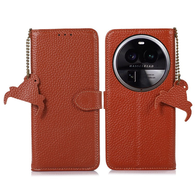 Litchi Texture Cover for Oppo Find X6 , RFID Blocking Phone Wallet Case Genuine Cow Leather Stand Shell - Brown