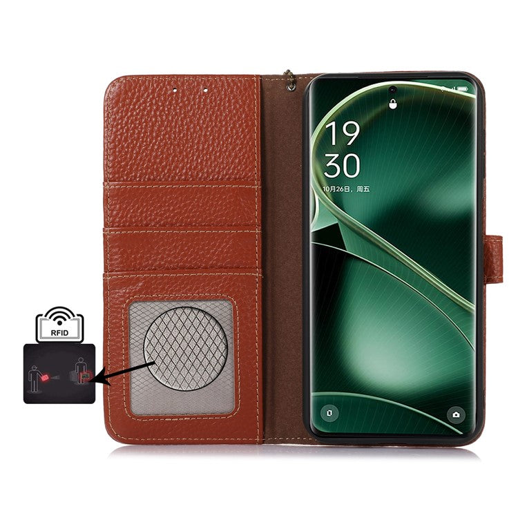Litchi Texture Cover for Oppo Find X6 , RFID Blocking Phone Wallet Case Genuine Cow Leather Stand Shell - Brown