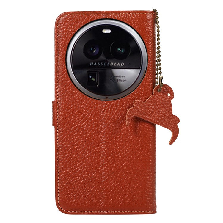 Litchi Texture Cover for Oppo Find X6 , RFID Blocking Phone Wallet Case Genuine Cow Leather Stand Shell - Brown