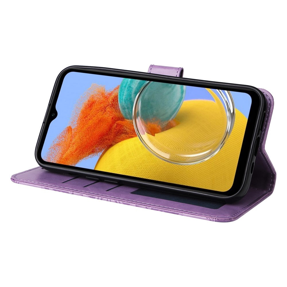For Samsung Galaxy M14 5G Sunflower Imprinted Phone Wallet Case PU Leather Stand Cover with Strap - Purple