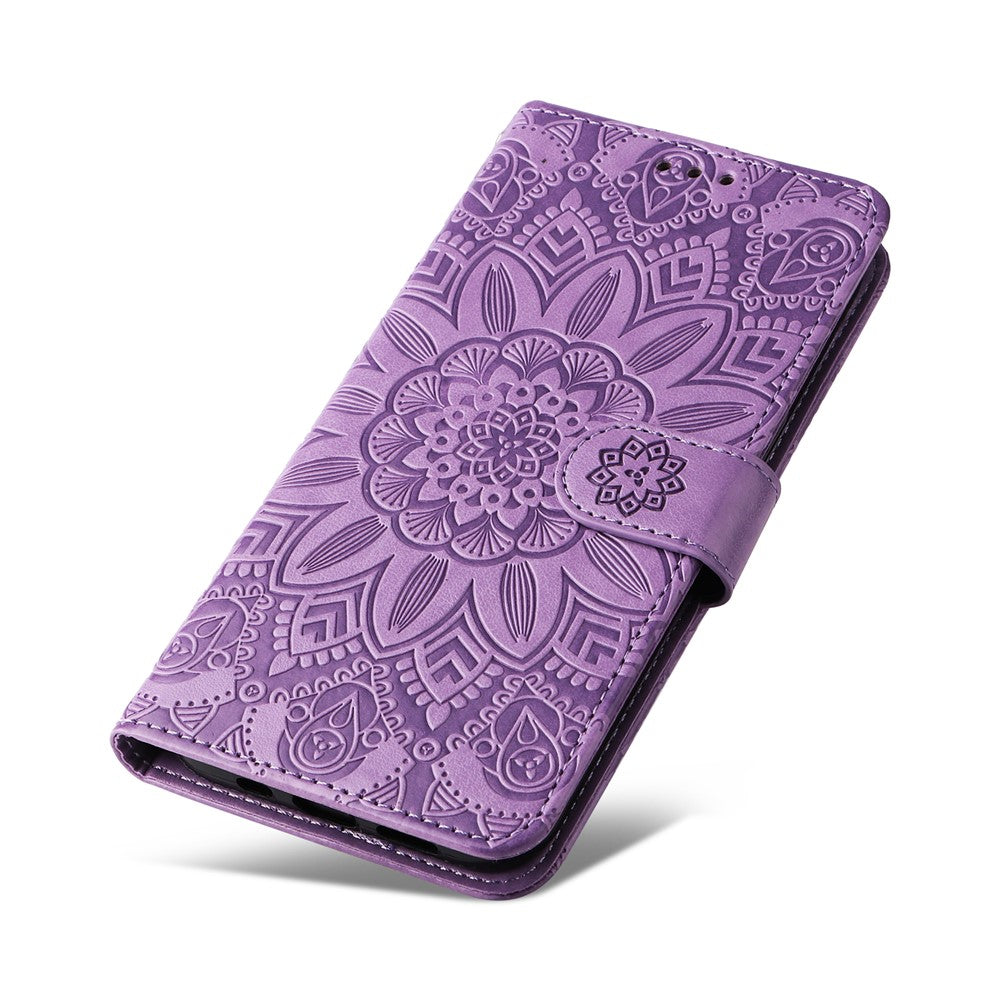 For Samsung Galaxy M14 5G Sunflower Imprinted Phone Wallet Case PU Leather Stand Cover with Strap - Purple