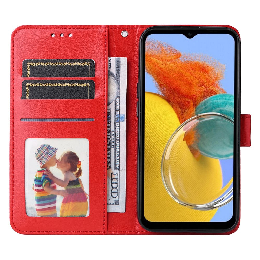 For Samsung Galaxy M14 5G Sunflower Imprinted Phone Wallet Case PU Leather Stand Cover with Strap - Red