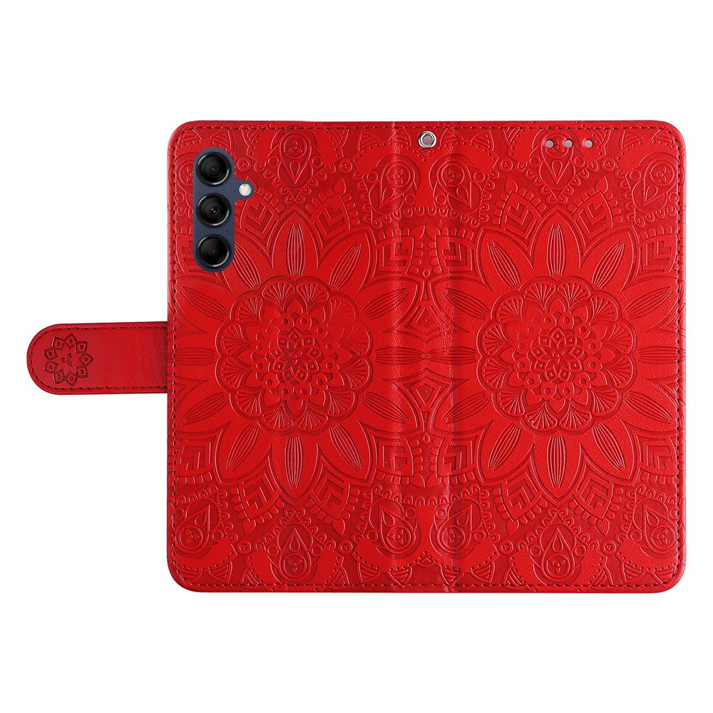 For Samsung Galaxy M14 5G Sunflower Imprinted Phone Wallet Case PU Leather Stand Cover with Strap - Red