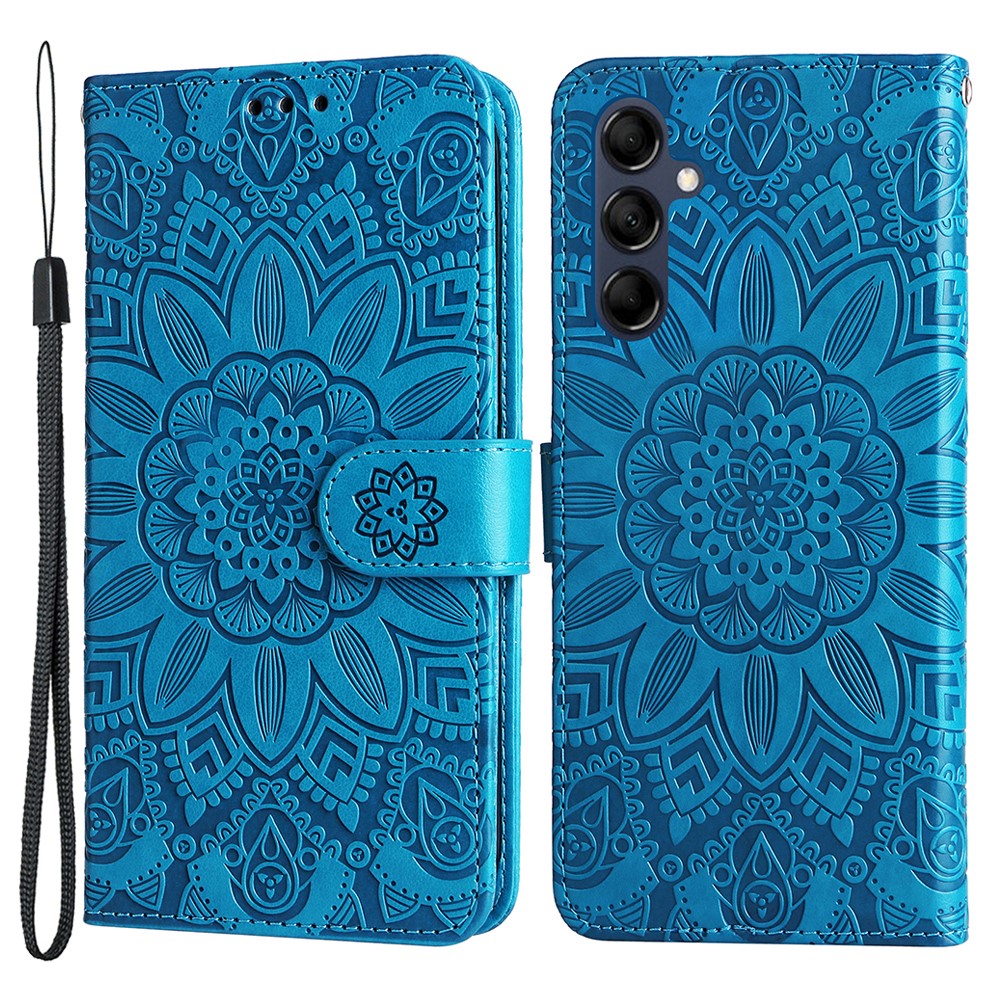 For Samsung Galaxy M14 5G Sunflower Imprinted Phone Wallet Case PU Leather Stand Cover with Strap - Blue