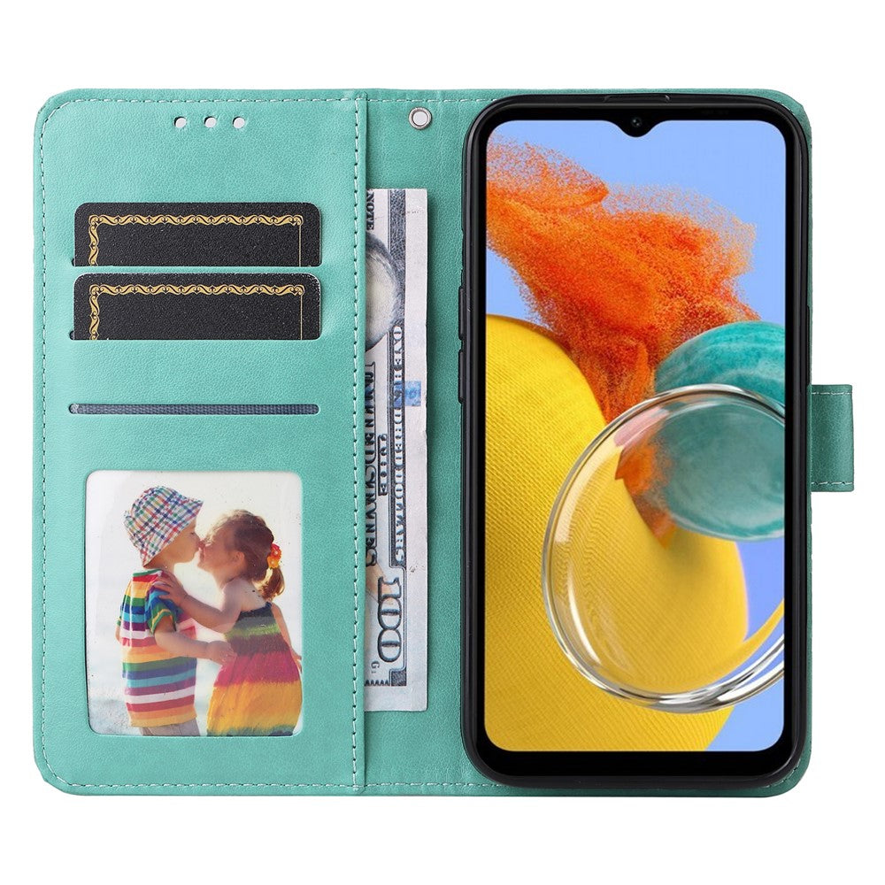 For Samsung Galaxy M14 5G Sunflower Imprinted Phone Wallet Case PU Leather Stand Cover with Strap - Green