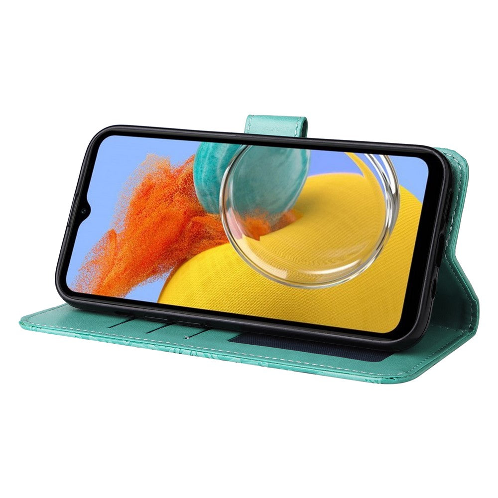 For Samsung Galaxy M14 5G Sunflower Imprinted Phone Wallet Case PU Leather Stand Cover with Strap - Green