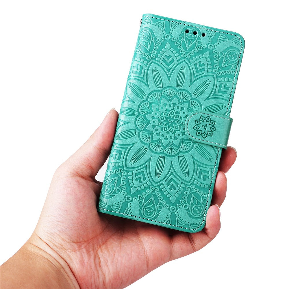 For Samsung Galaxy M14 5G Sunflower Imprinted Phone Wallet Case PU Leather Stand Cover with Strap - Green