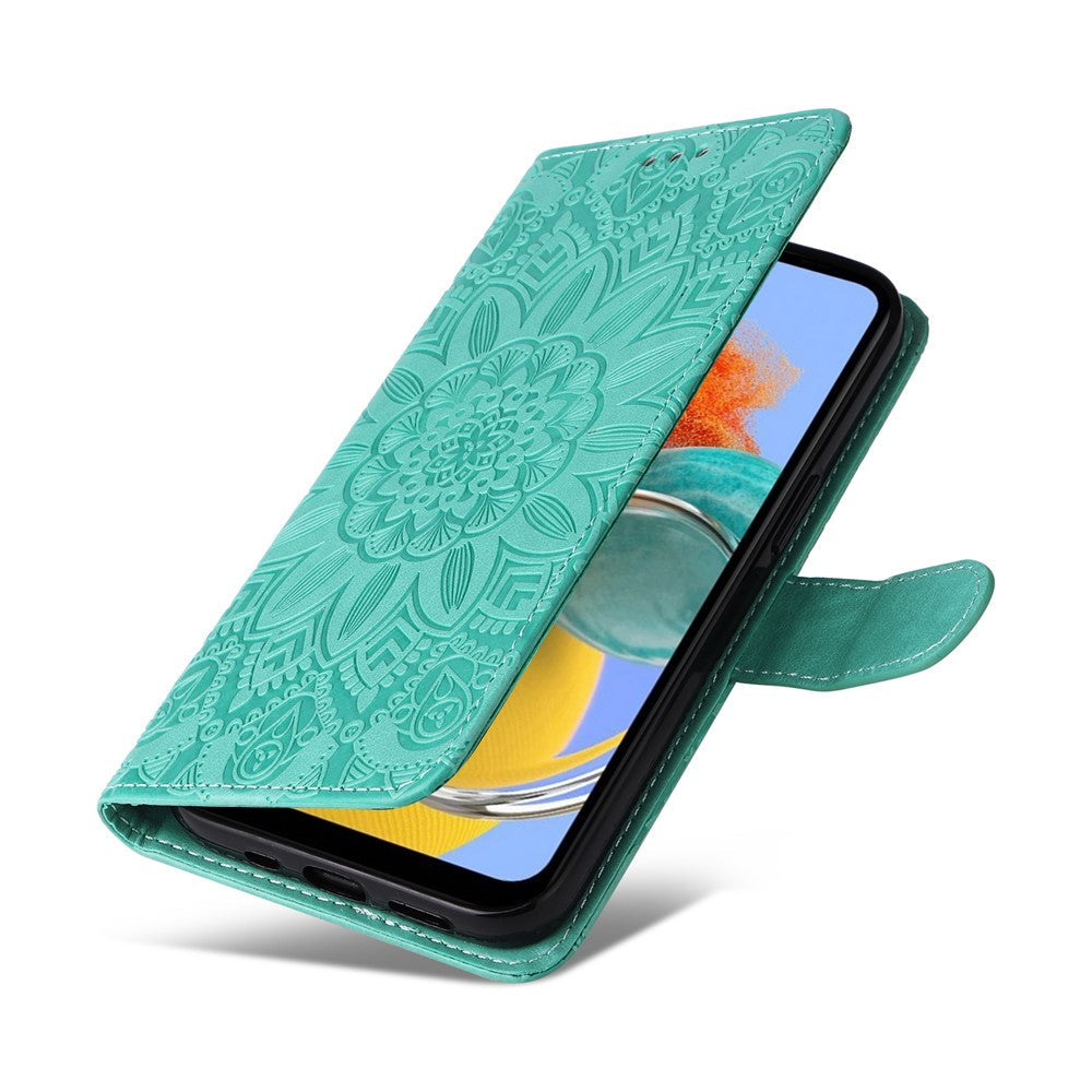 For Samsung Galaxy M14 5G Sunflower Imprinted Phone Wallet Case PU Leather Stand Cover with Strap - Green