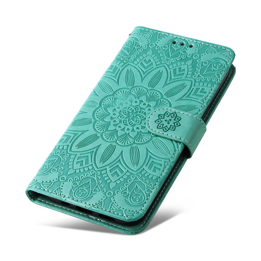 For Samsung Galaxy M14 5G Sunflower Imprinted Phone Wallet Case PU Leather Stand Cover with Strap - Green