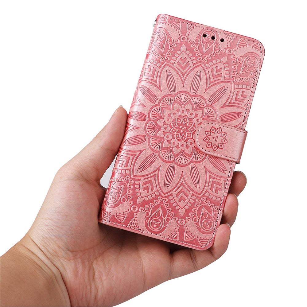 For Samsung Galaxy M14 5G Sunflower Imprinted Phone Wallet Case PU Leather Stand Cover with Strap - Pink