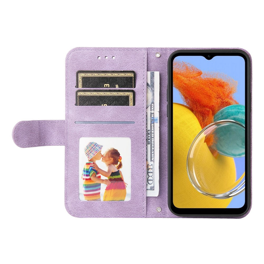For Samsung Galaxy M14 5G Leather Wallet Cases Skin Touch Phone Cover Stand with Strap - Purple
