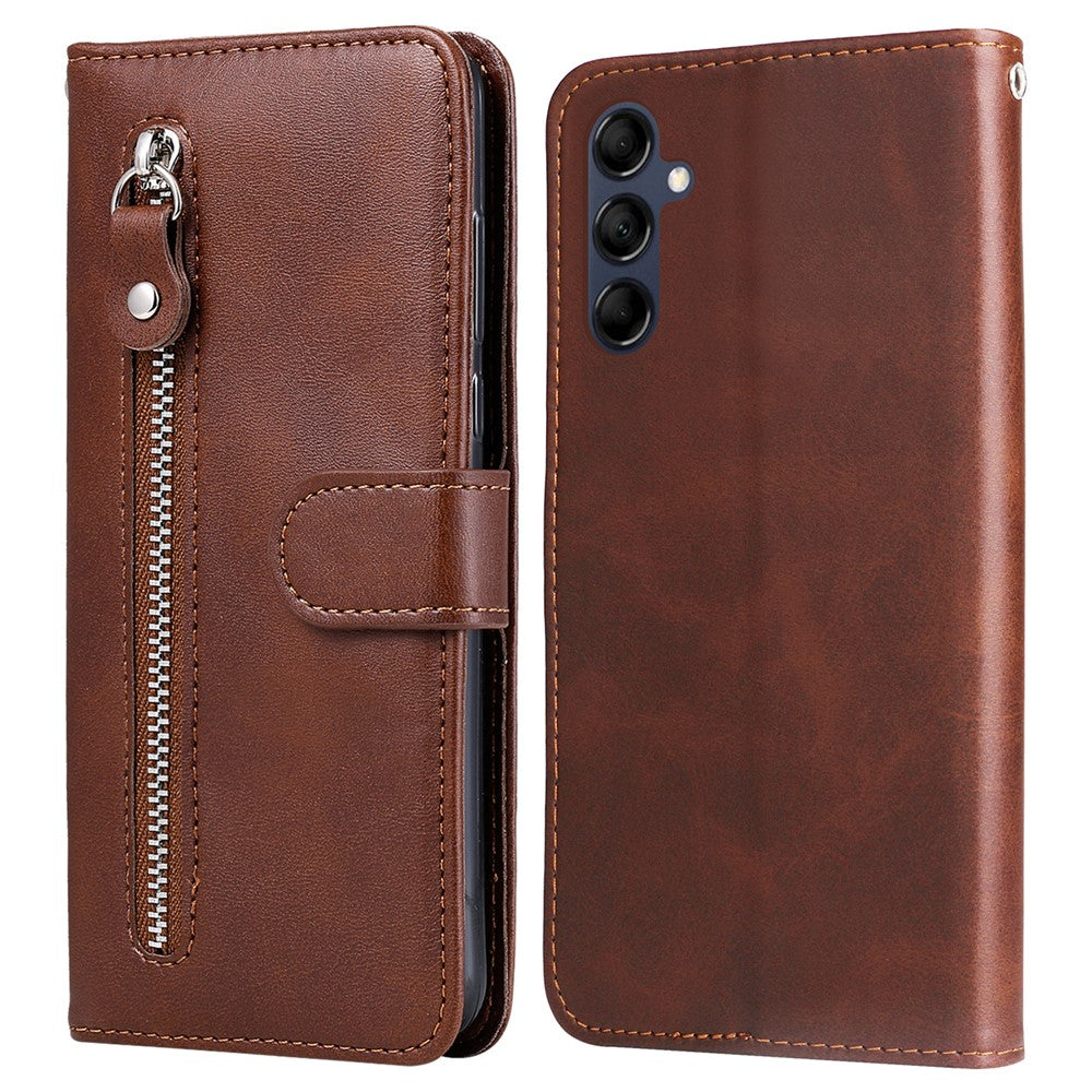 For Samsung Galaxy M14 5G PU Leather Case Zipper Pocket Calf Texture Stand Wallet Phone Cover - Brown