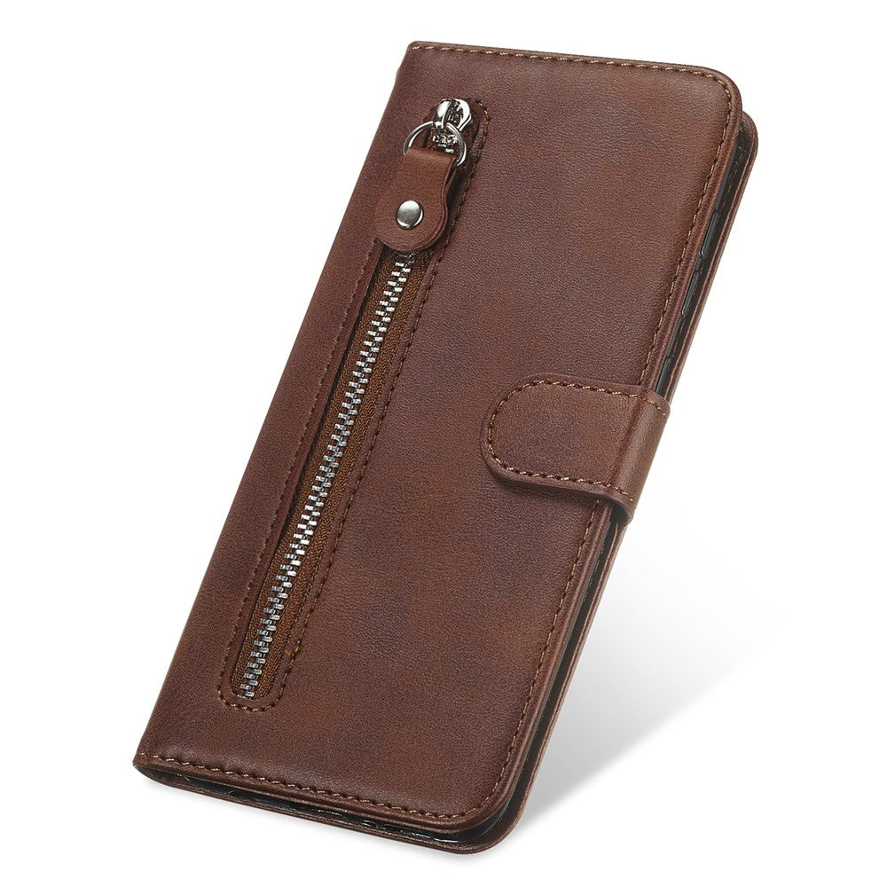For Samsung Galaxy M14 5G PU Leather Case Zipper Pocket Calf Texture Stand Wallet Phone Cover - Brown