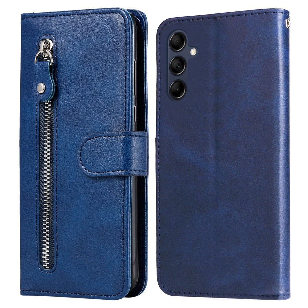 For Samsung Galaxy M14 5G PU Leather Case Zipper Pocket Calf Texture Stand Wallet Phone Cover - Blue