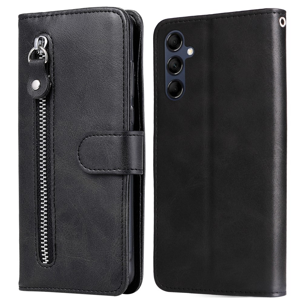 For Samsung Galaxy M14 5G PU Leather Case Zipper Pocket Calf Texture Stand Wallet Phone Cover - Black