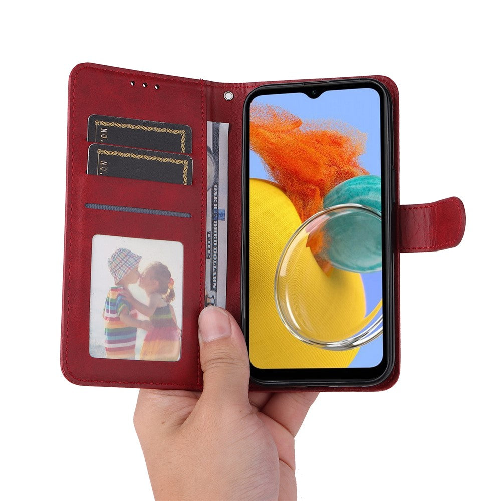 For Samsung Galaxy M14 5G Anti-Dust Phone Shell Calf Texture Stand Phone Case Leather Phone Cover with Strap - Red