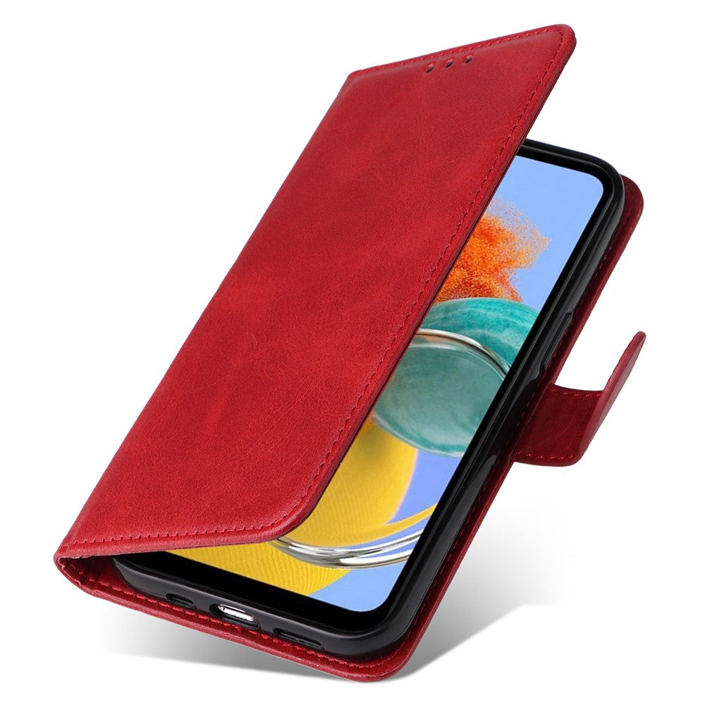 For Samsung Galaxy M14 5G Anti-Dust Phone Shell Calf Texture Stand Phone Case Leather Phone Cover with Strap - Red