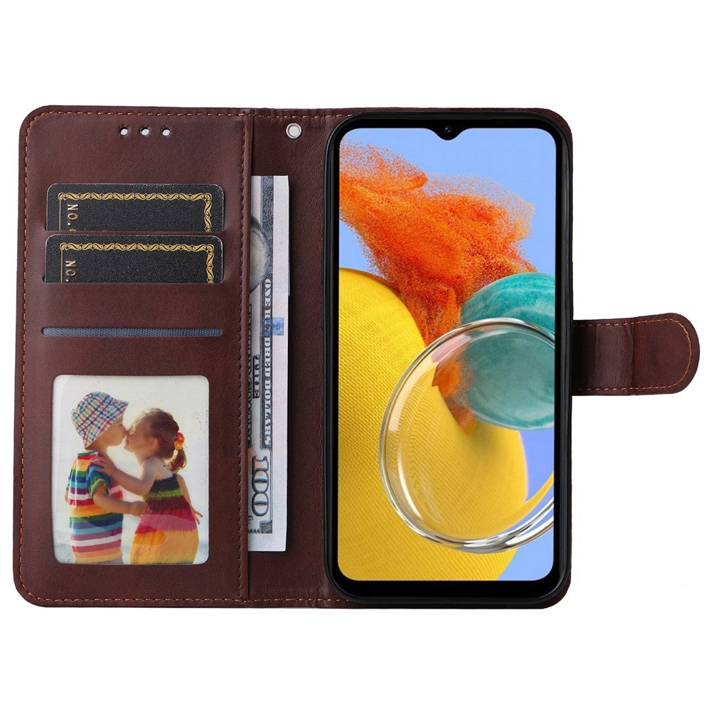 For Samsung Galaxy M14 5G Anti-Dust Phone Shell Calf Texture Stand Phone Case Leather Phone Cover with Strap - Brown
