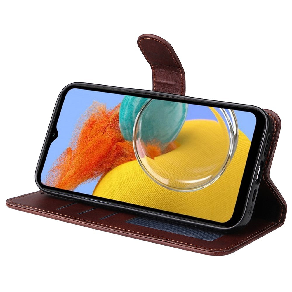 For Samsung Galaxy M14 5G Anti-Dust Phone Shell Calf Texture Stand Phone Case Leather Phone Cover with Strap - Brown