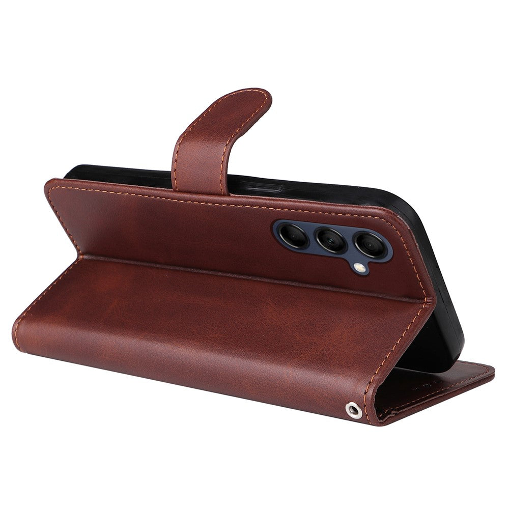 For Samsung Galaxy M14 5G Anti-Dust Phone Shell Calf Texture Stand Phone Case Leather Phone Cover with Strap - Brown