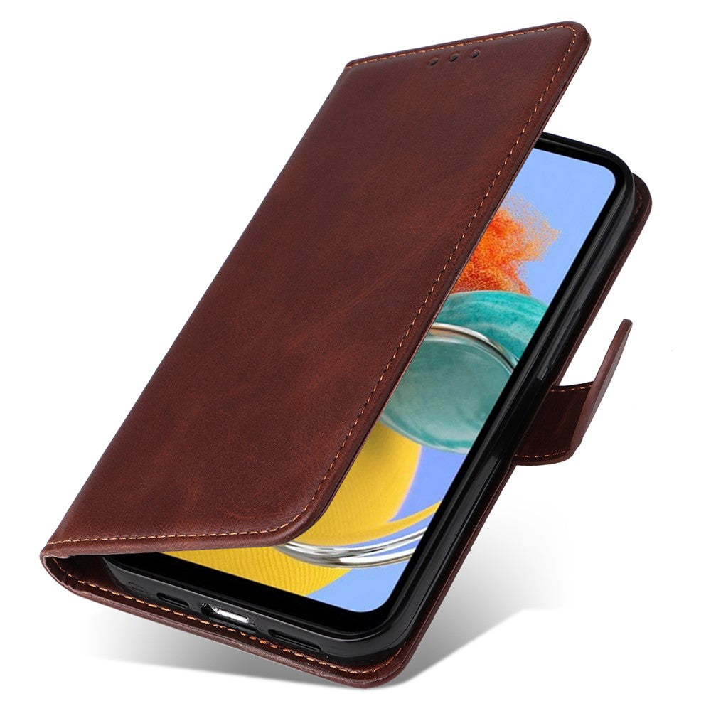 For Samsung Galaxy M14 5G Anti-Dust Phone Shell Calf Texture Stand Phone Case Leather Phone Cover with Strap - Brown