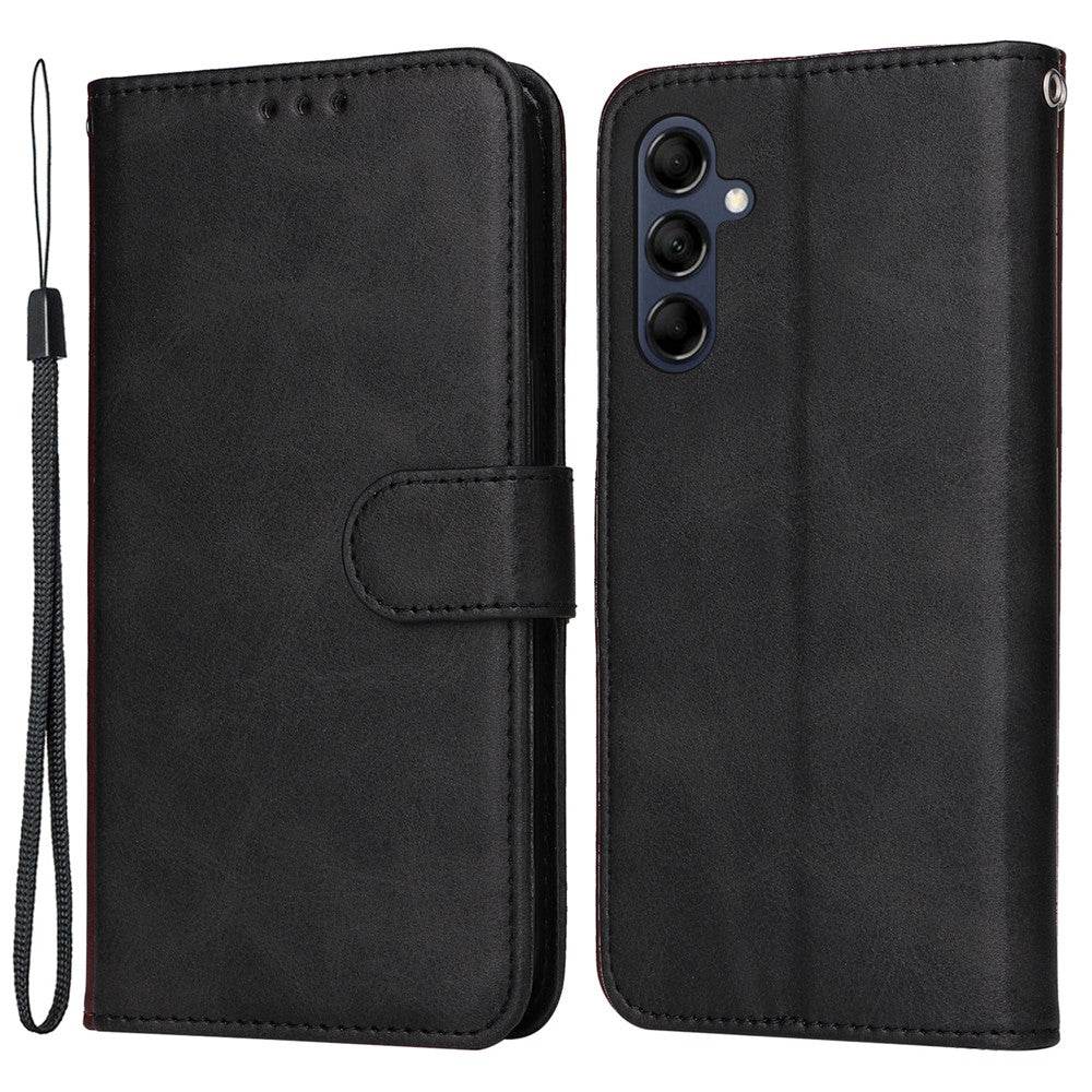 For Samsung Galaxy M14 5G Anti-Dust Phone Shell Calf Texture Stand Phone Case Leather Phone Cover with Strap - Black