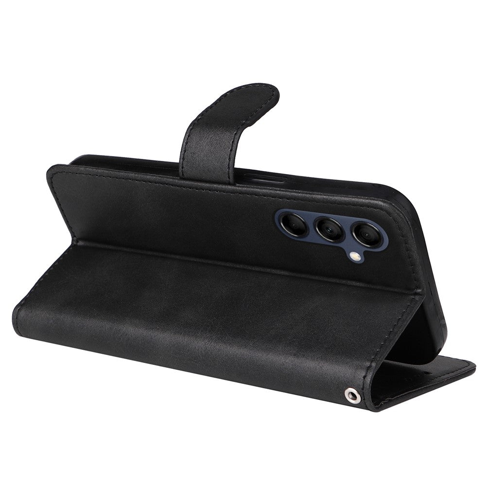 For Samsung Galaxy M14 5G Anti-Dust Phone Shell Calf Texture Stand Phone Case Leather Phone Cover with Strap - Black