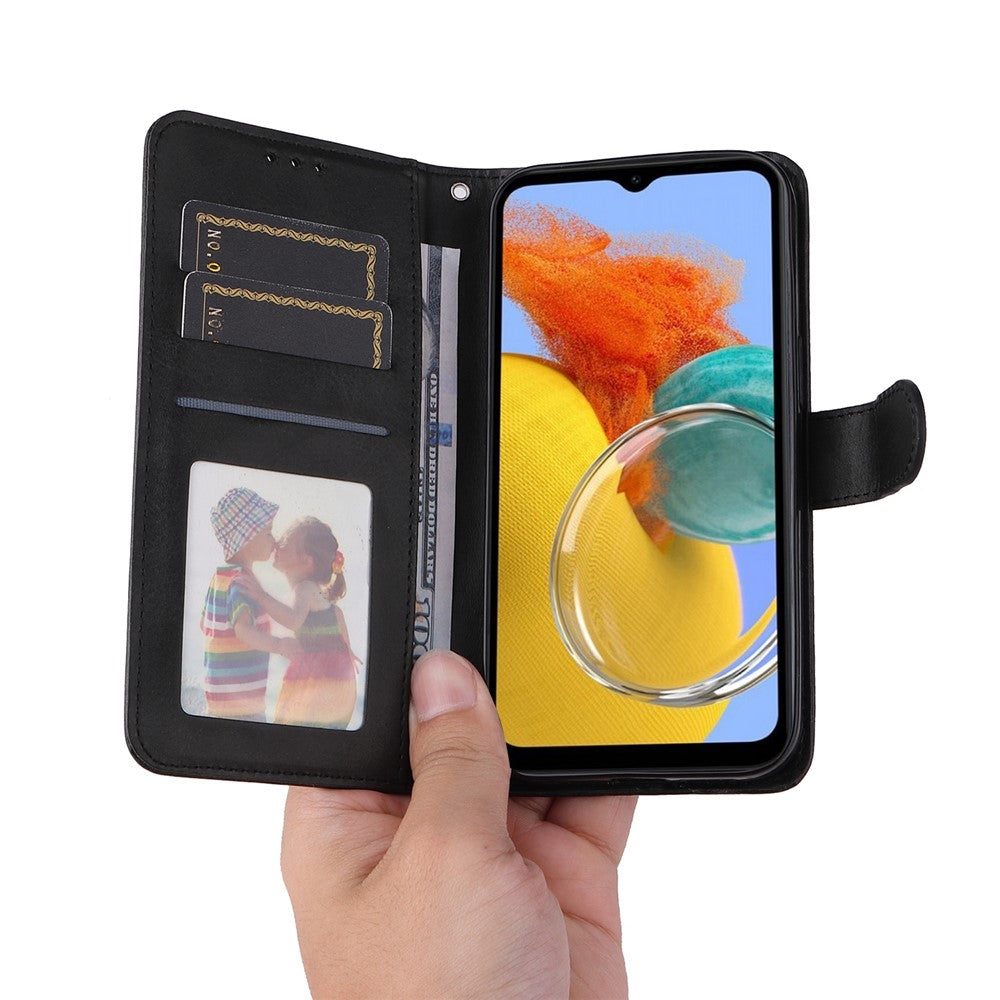 For Samsung Galaxy M14 5G Anti-Dust Phone Shell Calf Texture Stand Phone Case Leather Phone Cover with Strap - Black