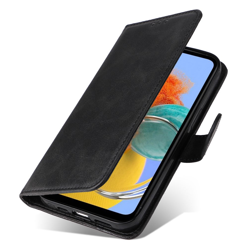 For Samsung Galaxy M14 5G Anti-Dust Phone Shell Calf Texture Stand Phone Case Leather Phone Cover with Strap - Black