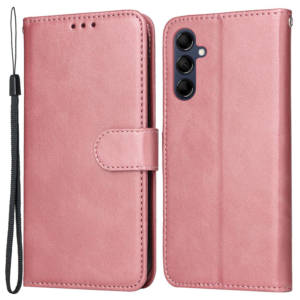 For Samsung Galaxy M14 5G Anti-Dust Phone Shell Calf Texture Stand Phone Case Leather Phone Cover with Strap - Rose Gold