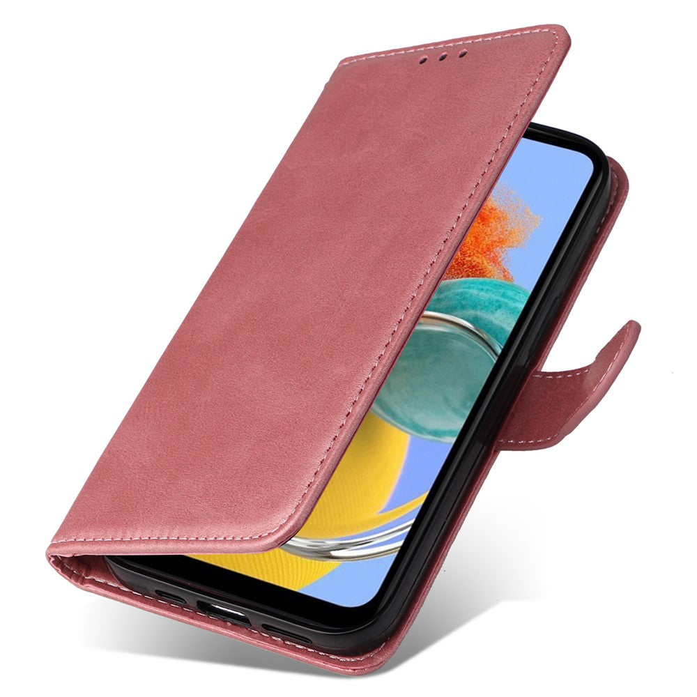 For Samsung Galaxy M14 5G Anti-Dust Phone Shell Calf Texture Stand Phone Case Leather Phone Cover with Strap - Rose Gold