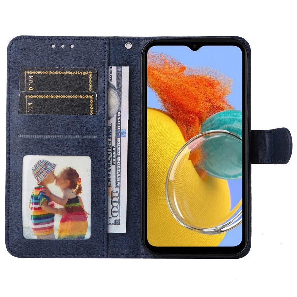 For Samsung Galaxy M14 5G Anti-Dust Phone Shell Calf Texture Stand Phone Case Leather Phone Cover with Strap - Blue