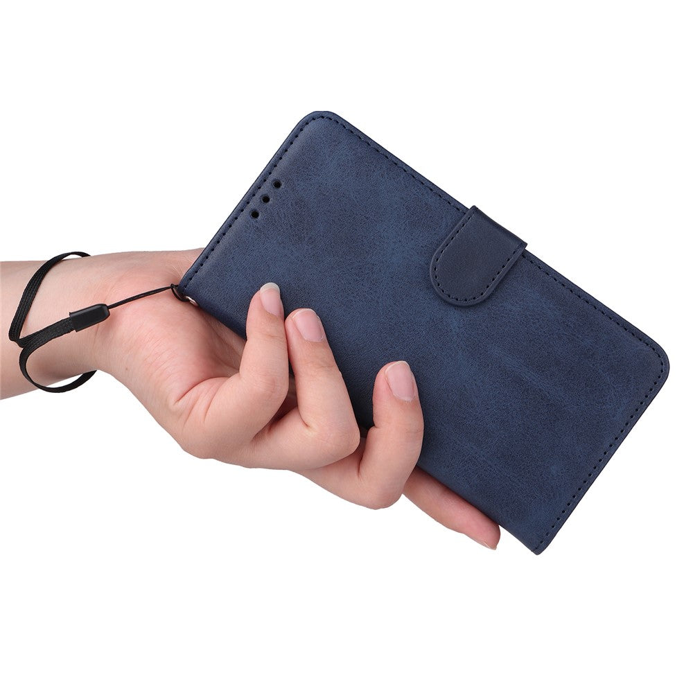 For Samsung Galaxy M14 5G Anti-Dust Phone Shell Calf Texture Stand Phone Case Leather Phone Cover with Strap - Blue