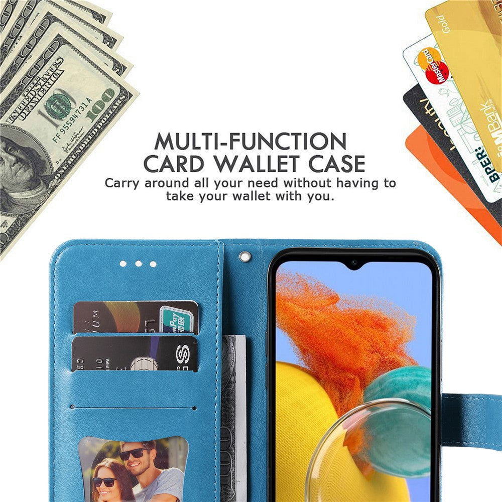 For Samsung Galaxy M14 5G Case Floral Pattern PU Leather Wallet Stand Phone Cover - Blue