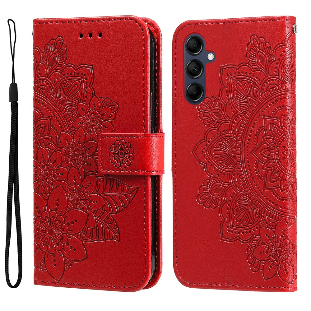 For Samsung Galaxy M14 5G Case Floral Pattern PU Leather Wallet Stand Phone Cover - Red