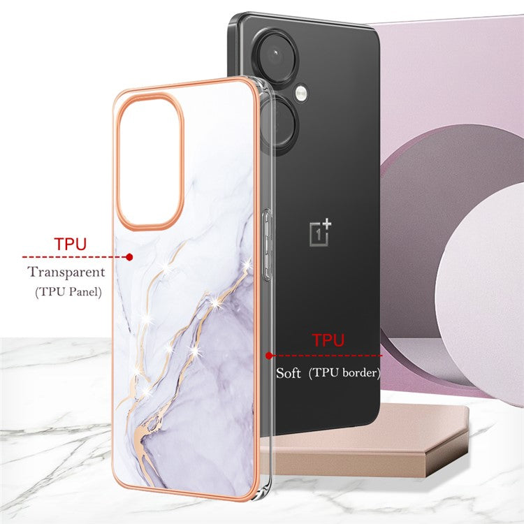 For OnePlus Nord CE 3 Lite 5G / Nord N30 5G YB IMD Series-2 Marble Pattern IMD TPU Case Electroplating Frame Phone Cover - White 006