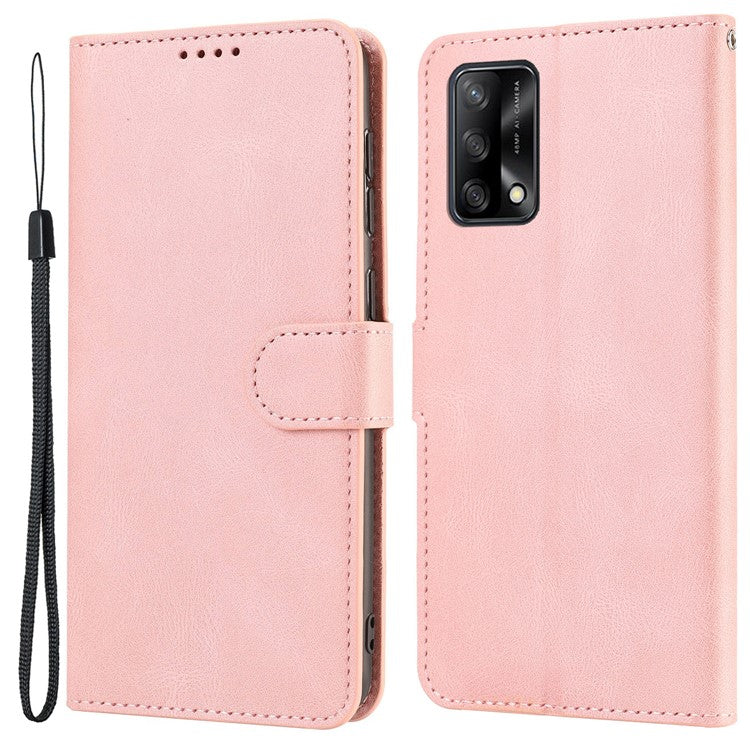 For Oppo A74 4G / F19 Shockproof Case Wallet Phone Shell Anti-Drop Leather Phone Cover with Strap - Pink