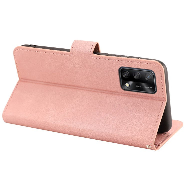 For Oppo A74 4G / F19 Shockproof Case Wallet Phone Shell Anti-Drop Leather Phone Cover with Strap - Pink