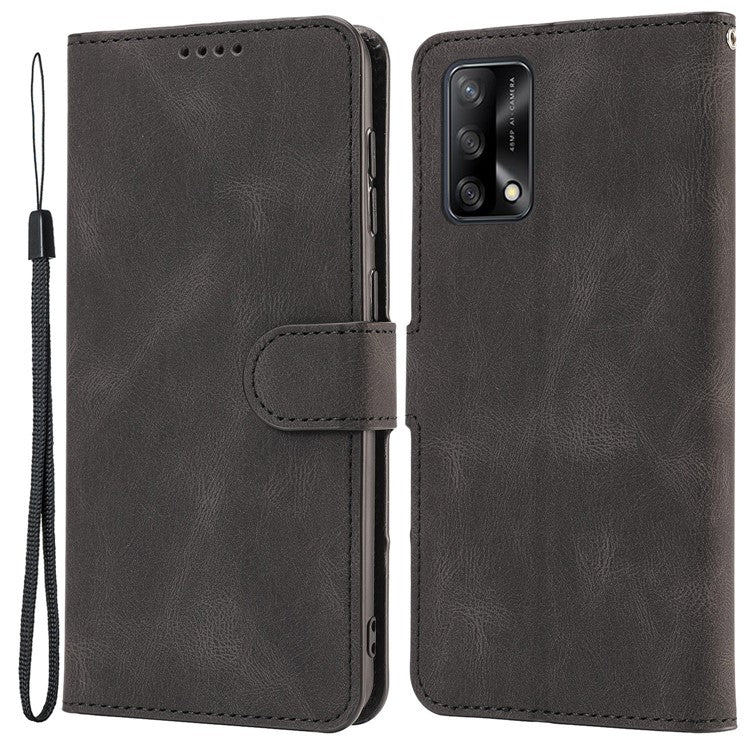 For Oppo A74 4G / F19 Shockproof Case Wallet Phone Shell Anti-Drop Leather Phone Cover with Strap - Black