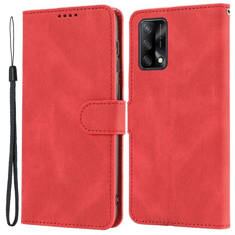 For Oppo A74 4G / F19 Shockproof Case Wallet Phone Shell Anti-Drop Leather Phone Cover with Strap - Red