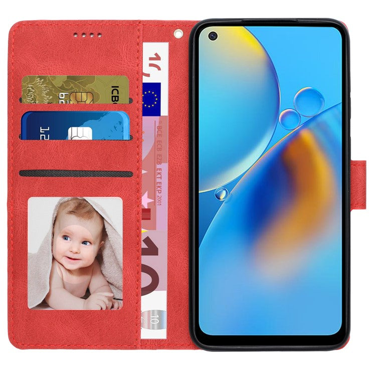 For Oppo A74 4G / F19 Shockproof Case Wallet Phone Shell Anti-Drop Leather Phone Cover with Strap - Red